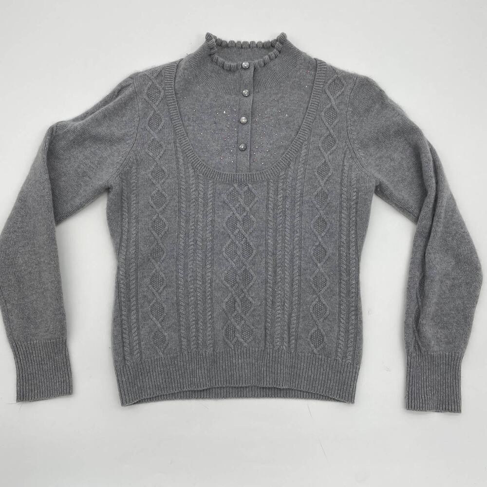 SPRING BAMBOO Women Cashmere Sweater Grey Rhinestone Mock Layer Size XS Coquette